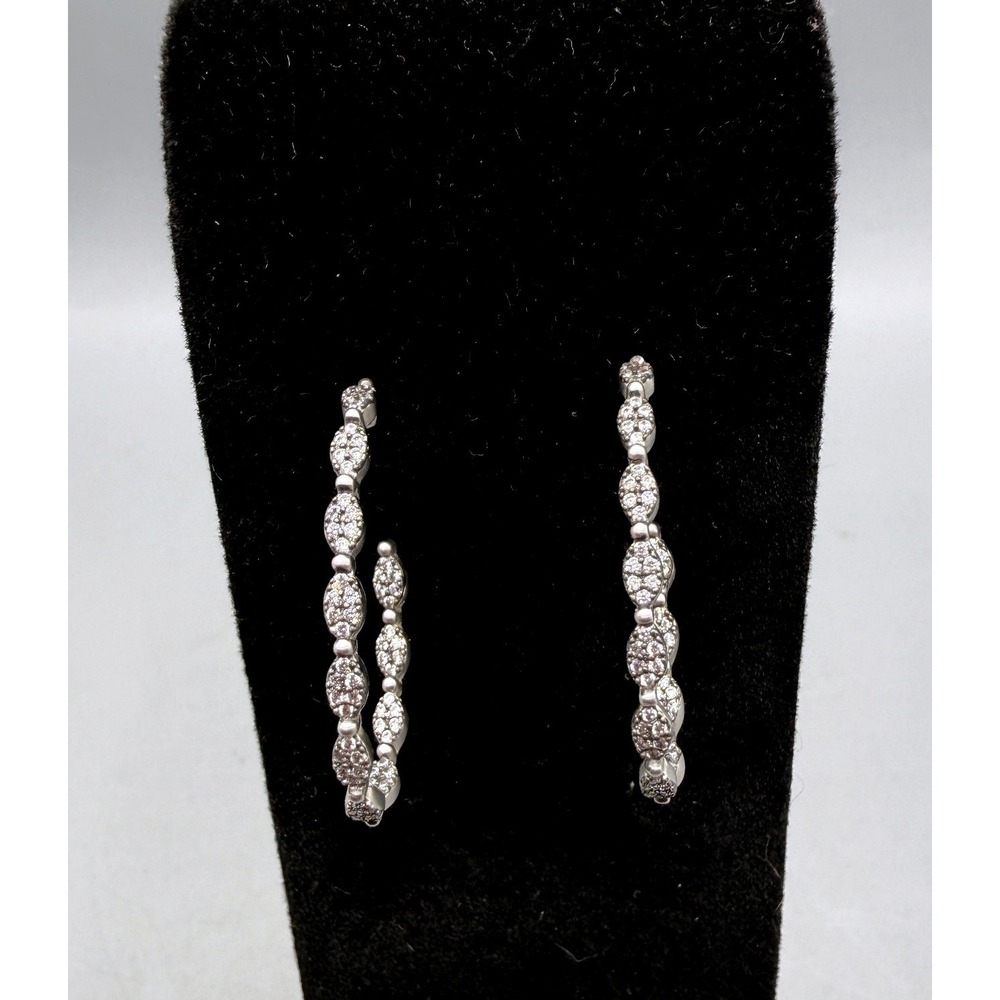 925 Sterling Silver Scalloped Marquise Clear Stone Pavé Open Hoop Earrings